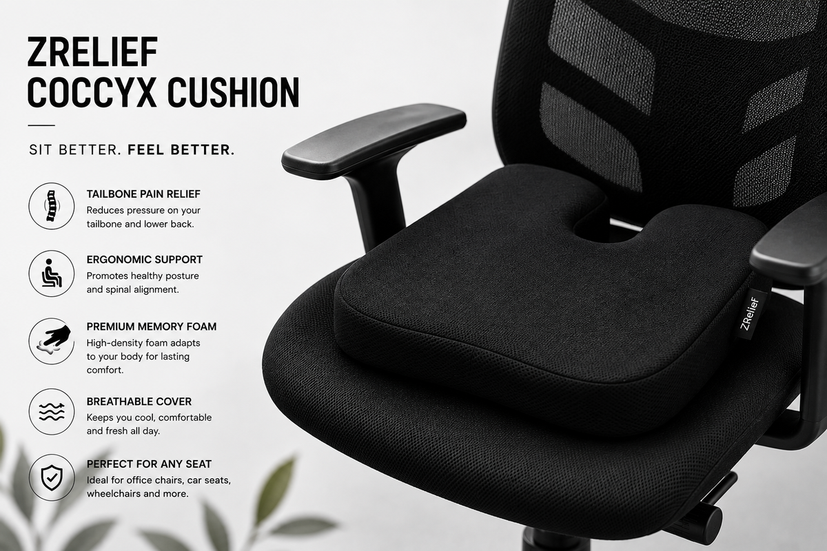 ZRelief™ Memory Foam Coccyx Cushion – Ergonomic Orthopaedic Seat Support