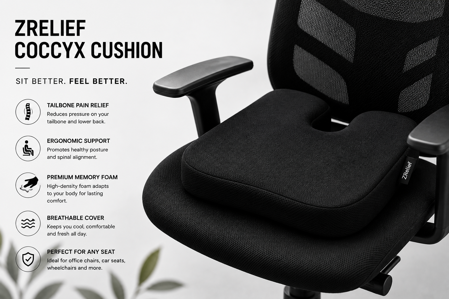 ZRelief™ Memory Foam Coccyx Cushion – Ergonomic Orthopaedic Seat Support