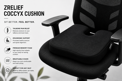 ZRelief™ Memory Foam Coccyx Cushion – Ergonomic Orthopaedic Seat Support